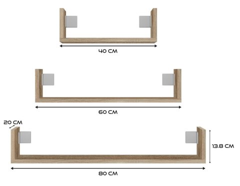 KOMPLET 3 PÓŁEK ŚCIENNYCH REGAŁ MOBI DĄB SONOMA