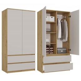 SZAFA MALWA GARDEROBA 90CM 2 SZAUFLADY PÓŁKI DRĄŻEK KASZMIR / DĄB ARTISAN