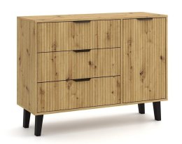 NOWOCZESNA KOMODA SCANDI SLIM DRZWI 3 SZUFLADY RYFLOWANE FRONTY DĄB ARTISAN