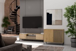 KOMODA KAMARO 2 DRZWI 4 PÓŁKI RYFLOWANY FRONT LAMELE DĄB ARTISAN / CZARNY