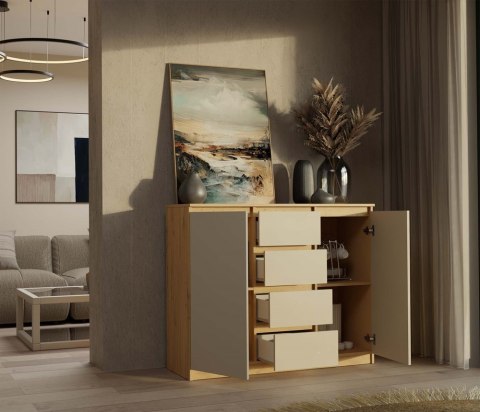 NOWOCZESNA DUŻA KOMODA MALWA 120 CM 4 SZUFLADY DĄB ARTISAN / KASZMIR