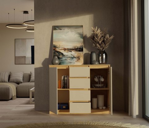 NOWOCZESNA DUŻA KOMODA MALWA 120 CM 4 SZUFLADY DĄB ARTISAN / KASZMIR