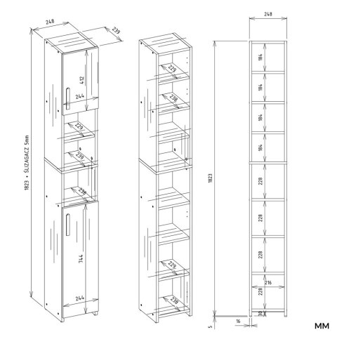 SZAFKA ŁAZIENKOWA ALVO REGAŁ SŁUPEK 8 PÓŁEK 2 DRZWI BIAŁY MAT