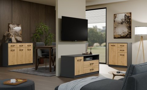 SZAFKA RTV STOLIK TV SIMPLO 2 SZUFLADY DRZWI PÓŁKA ANTRACYT / DĄB ARTISAN SZAFKA RTV STOLIK TV SIMPLO 2 SZUFLADY DRZWI PÓŁKA ANTRACYT / DĄB ARTISAN