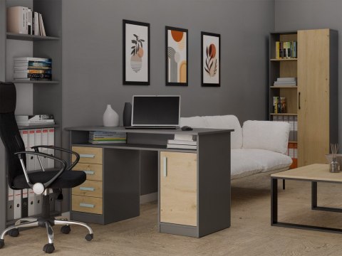 BIURKO ADA 4 SZUFLADY DRZWI PÓŁKA POD BLATEM 125 CM ANTRACYT / DĄB ARTISAN