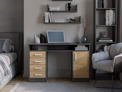 BIURKO ADA 4 SZUFLADY DRZWI PÓŁKA POD BLATEM 125 CM ANTRACYT / DĄB ARTISAN