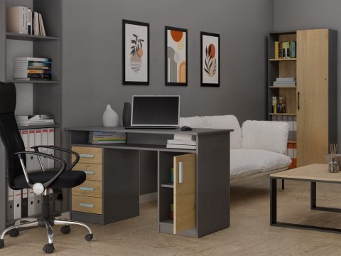 BIURKO ADA 4 SZUFLADY DRZWI PÓŁKA POD BLATEM 125 CM ANTRACYT / DĄB ARTISAN