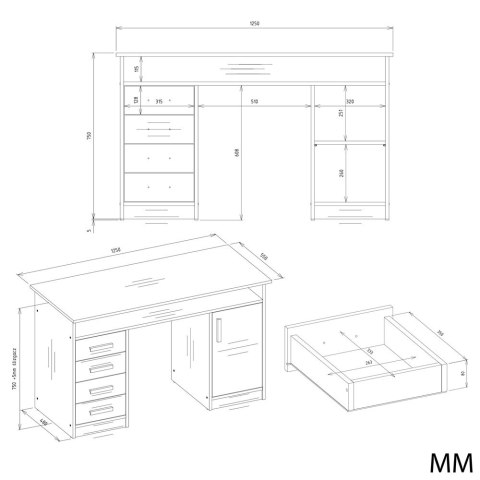 BIURKO ADA 4 SZUFLADY DRZWI PÓŁKA POD BLATEM 125 CM ANTRACYT / DĄB ARTISAN
