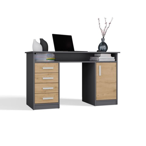BIURKO ADA 4 SZUFLADY DRZWI PÓŁKA POD BLATEM 125 CM ANTRACYT / DĄB ARTISAN
