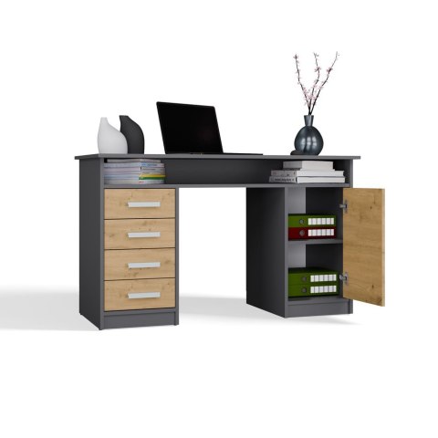 BIURKO ADA 4 SZUFLADY DRZWI PÓŁKA POD BLATEM 125 CM ANTRACYT / DĄB ARTISAN