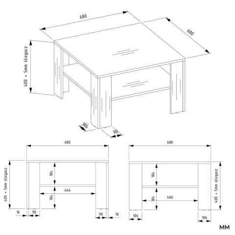 ŁAWA STOLIK KAWOWY SQUARE Z PÓŁKĄ POD BLATEM DĄB ARTISAN / CZARNY MAT