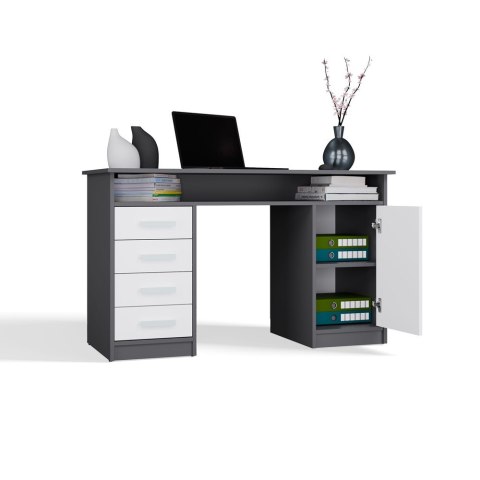 BIURKO ADA 125 CM 4 SZUFLADY DRZWI PÓŁKA POD BLATEM ANTRACYT / BIAŁY MAT