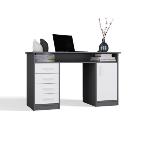 BIURKO ADA 125 CM 4 SZUFLADY DRZWI PÓŁKA POD BLATEM ANTRACYT / BIAŁY MAT