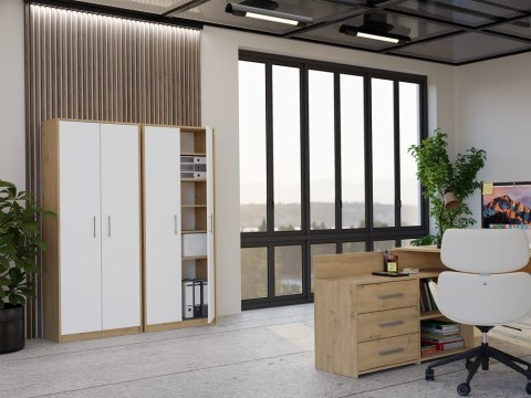 REGAŁ BIUROWY OLIV ZAMYKANY 8 PÓŁEK 2 DRZWI DĄB ARTISAN / BIAŁY MAT