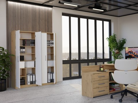 REGAŁ BIUROWY OLIV ZAMYKANY 8 PÓŁEK 2 DRZWI DĄB ARTISAN / BIAŁY MAT