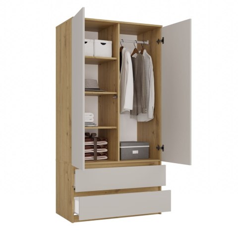 POJEMNA SZAFA MALWA 90CM 2 SZUFLADY DĄB ARTISAN / KASZMIR
