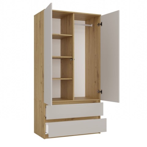 POJEMNA SZAFA MALWA 90CM 2 SZUFLADY DĄB ARTISAN / KASZMIR