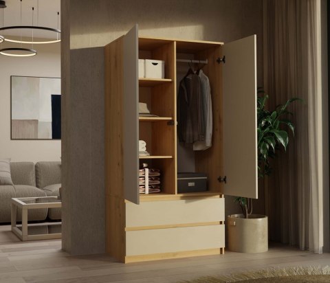 POJEMNA SZAFA MALWA 90CM 2 SZUFLADY DĄB ARTISAN / KASZMIR