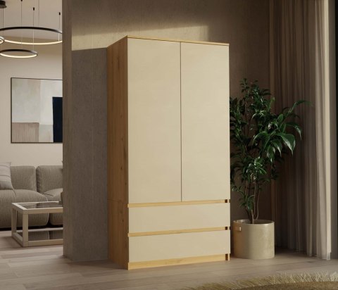 POJEMNA SZAFA MALWA 90CM 2 SZUFLADY DĄB ARTISAN / KASZMIR