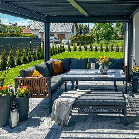 ZESTAW MEBLI OGRODOWYCH JADALNIANYCH TEXAS NAROŻNY 6 OSÓB SOFA STÓŁ ŁAWKA