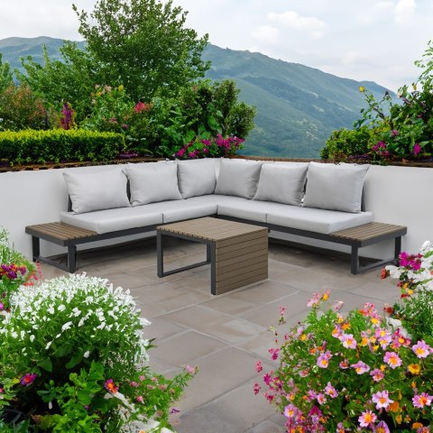 KOMFORTOWY ZESTAW MEBLI OGRODOWYCH MARBELLA STOLIK SOFA NAROŻNIK SZARY