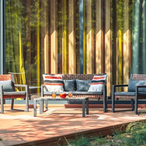 ZESTAW MEBLI OGRODOWYCH TEXAS SOFA 2 FOTELE STOLIK KAWOWY SZARY