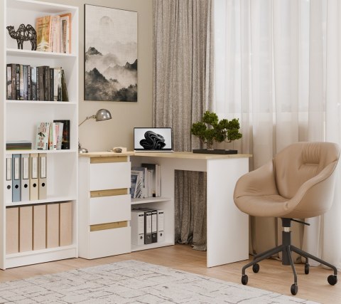 BIURKO KOMPUTEROWE NAROŻNE NICEA LEWE SZUFLADY PÓŁKI DĄB ARTISAN/BIAŁY MAT