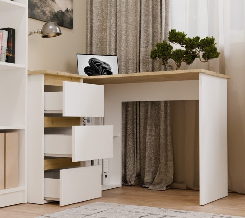 BIURKO KOMPUTEROWE NAROŻNE NICEA LEWE SZUFLADY PÓŁKI DĄB ARTISAN/BIAŁY MAT