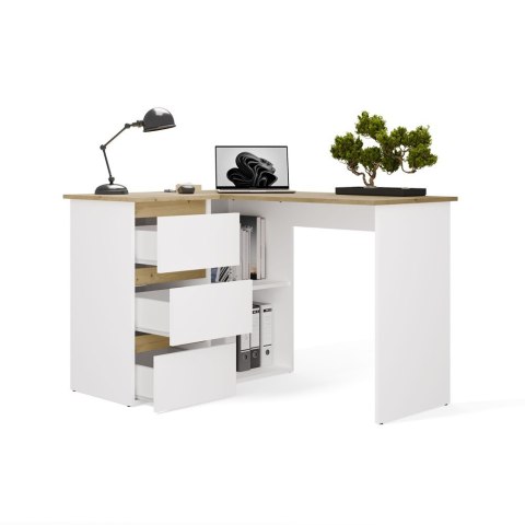 BIURKO KOMPUTEROWE NAROŻNE NICEA LEWE SZUFLADY PÓŁKI DĄB ARTISAN/BIAŁY MAT