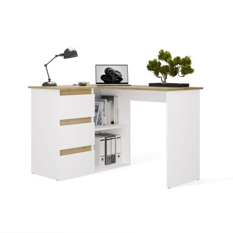 BIURKO KOMPUTEROWE NAROŻNE NICEA LEWE SZUFLADY PÓŁKI DĄB ARTISAN/BIAŁY MAT