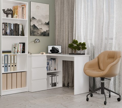 FUNKCJONALNE BIURKO KOMPUTEROWE NAROŻNE NICEA LEWE SZUFLADY PÓŁKI BIAŁY MAT