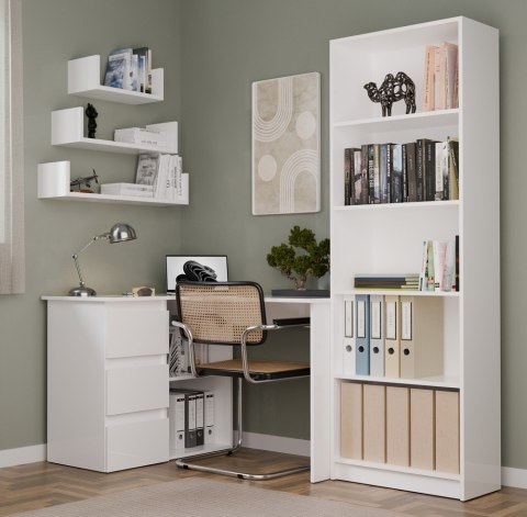 FUNKCJONALNE BIURKO KOMPUTEROWE NAROŻNE NICEA LEWE SZUFLADY PÓŁKI BIAŁY MAT