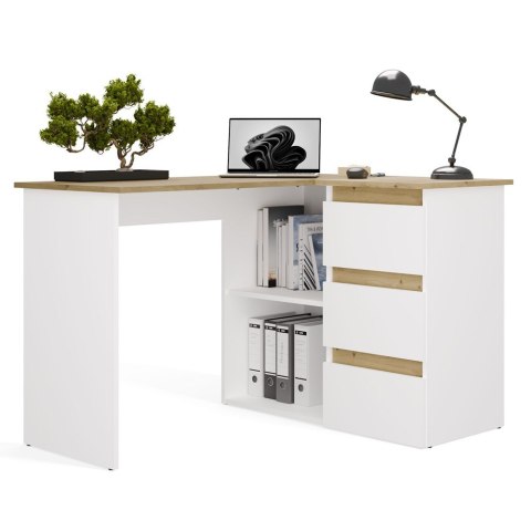 BIURKO KOMPUTEROWE NAROŻNE NICEA PRAWE SZUFLADY PÓŁKI DĄB ARTISAN/BIAŁY MAT