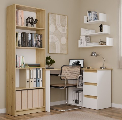 BIURKO KOMPUTEROWE NAROŻNE NICEA PRAWE SZUFLADY PÓŁKI DĄB ARTISAN/BIAŁY MAT