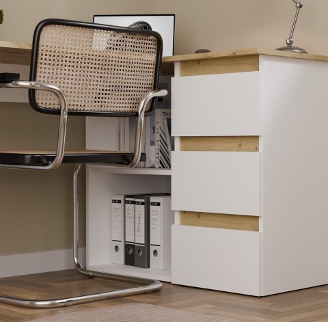 BIURKO KOMPUTEROWE NAROŻNE NICEA PRAWE SZUFLADY PÓŁKI DĄB ARTISAN/BIAŁY MAT