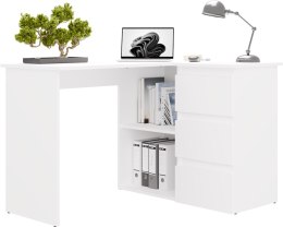 FUNKCJONALNE BIURKO KOMPUTEROWE NAROŻNE NICEA PRAWE SZUFLADY PÓŁKI BIAŁY MAT