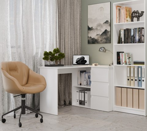 FUNKCJONALNE BIURKO KOMPUTEROWE NAROŻNE NICEA PRAWE SZUFLADY PÓŁKI BIAŁY MAT