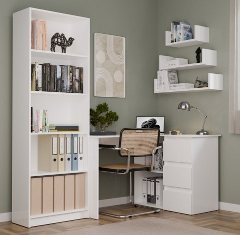 FUNKCJONALNE BIURKO KOMPUTEROWE NAROŻNE NICEA PRAWE SZUFLADY PÓŁKI BIAŁY MAT