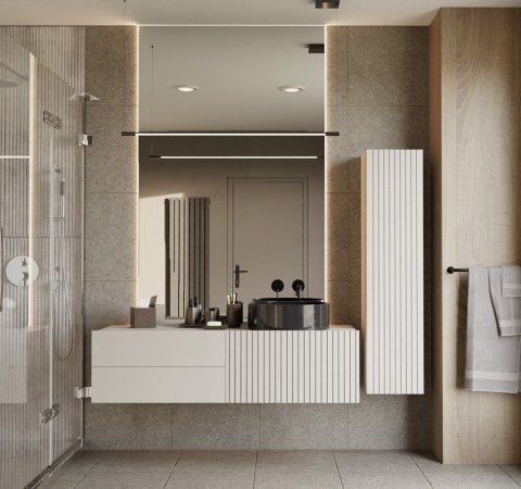 WISZĄCA SZAFKA ŁAZIENKOWA SŁUPEK REGAŁ TIGO RYFLOWANY FRONT KOLOR: KASZMIR