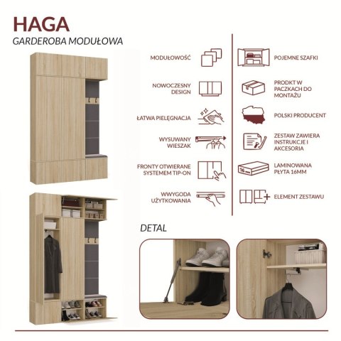 GARDEROBA HAGA DO PRZEDPOKOJU 2X SZAFA WIESZAK Z SIEDZISKIEM DĄB SONOMA