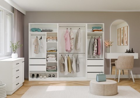 GARDEROBA MODUŁOWA ZESTAW OPENO 260CM SZUFLADY PÓŁKI WIESZAK BIAŁY MAT