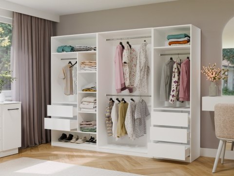 GARDEROBA MODUŁOWA ZESTAW OPENO 260CM SZUFLADY PÓŁKI WIESZAK BIAŁY MAT