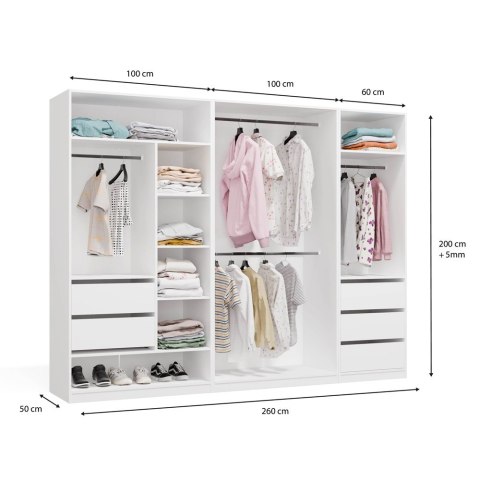 GARDEROBA MODUŁOWA ZESTAW OPENO 260CM SZUFLADY PÓŁKI WIESZAK BIAŁY MAT
