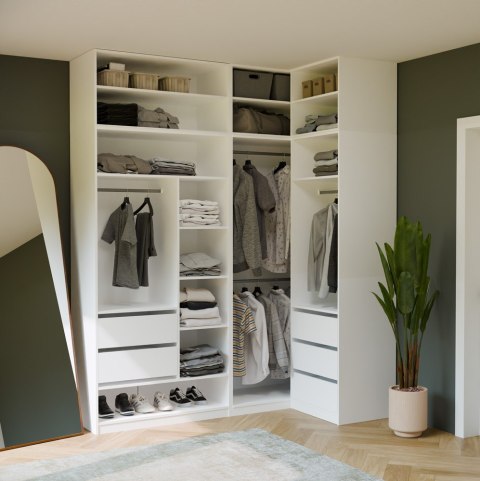 GARDEROBA MODUŁOWA ZESTAW OPENO 260CM SZUFLADY PÓŁKI WIESZAK BIAŁY MAT