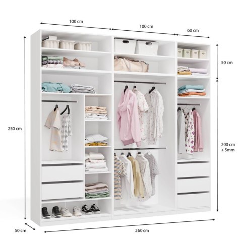 GARDEROBA MODUŁOWA ZESTAW OPENO 260CM SZUFLADY PÓŁKI WIESZAK BIAŁY MAT