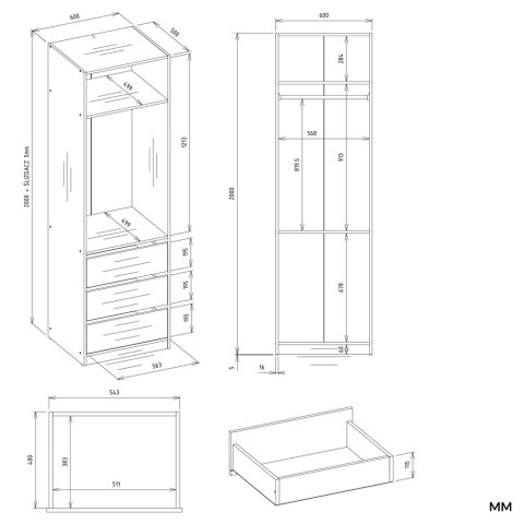 GARDEROBA OPENO SZAFA OTWARTA MODUŁOWA REGAŁ Z DRĄŻKIEM 3 SZUFLADY BIAŁY MAT