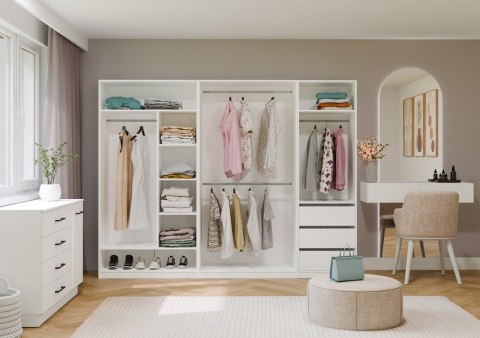 GARDEROBA OPENO SZAFA OTWARTA MODUŁOWA REGAŁ Z DRĄŻKIEM SYPIALNIA BIAŁY MAT