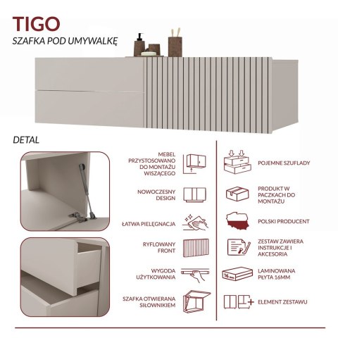 WISZĄCA SZAFKA POD UMYWALKĘ TIGO 2 SZUFLADY RYFLOWANY FRONT KOLOR: KASZMIR