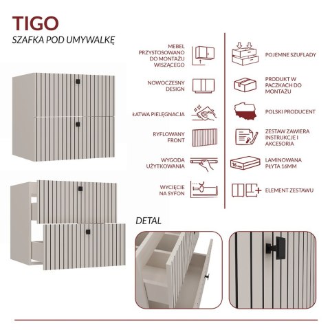 WISZĄCA SZAFKA POD UMYWALKĘ TIGO 2 SZUFLADY RYFLOWANY FRONT KOLOR: KASZMIR