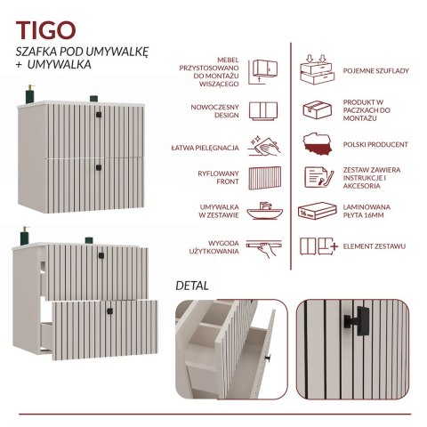 WISZĄCA SZAFKA POD UMYWALKĘ TIGO RYFLOWANY FRONT + UMYWALKA KOLOR: KASZMIR